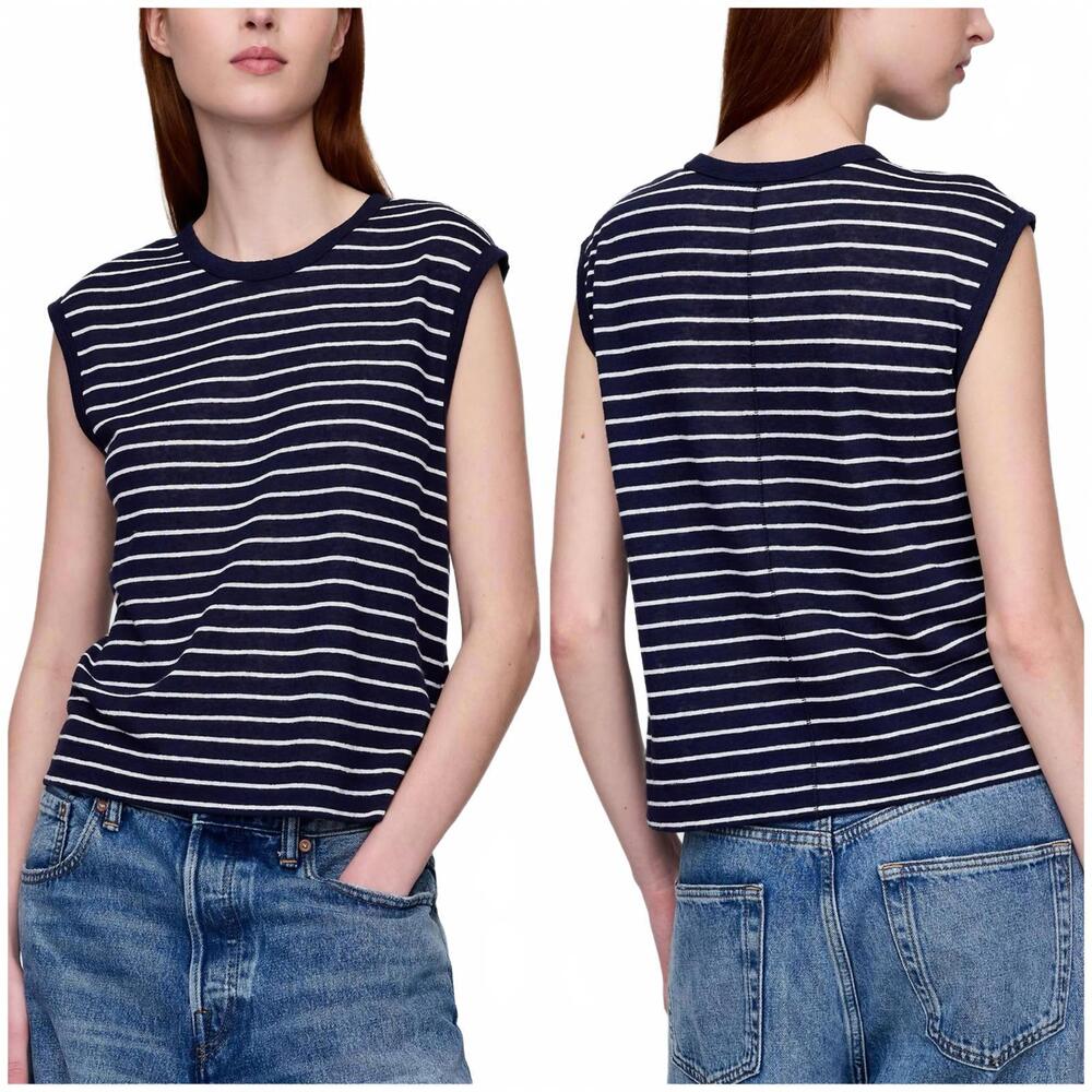 Gap Linen-Blend Crewneck Shell Tank Top NWT Navy Blue & White Stripe XL Tall